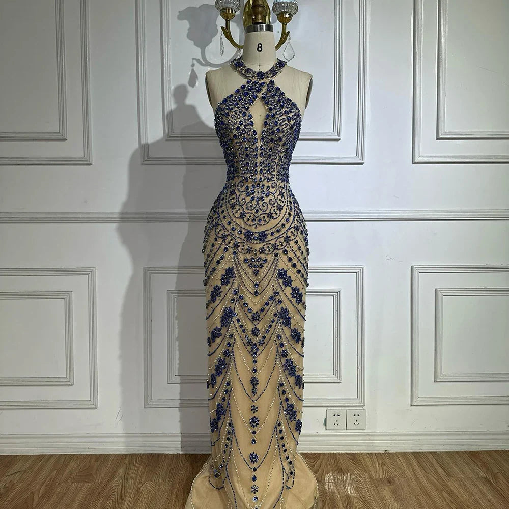 Luxury Dubai Elegant Blue Halter Neck Evening Gown Beaded Dress LA72760