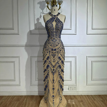 Luxury Dubai Elegant Blue Halter Neck Evening Gown Beaded Dress LA72760