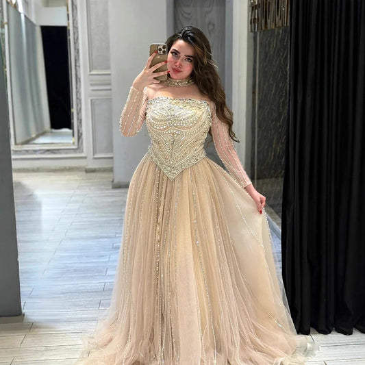 Luxury Nude Crystal Beaded A Line Long Sleeve Evening Dress LA73192