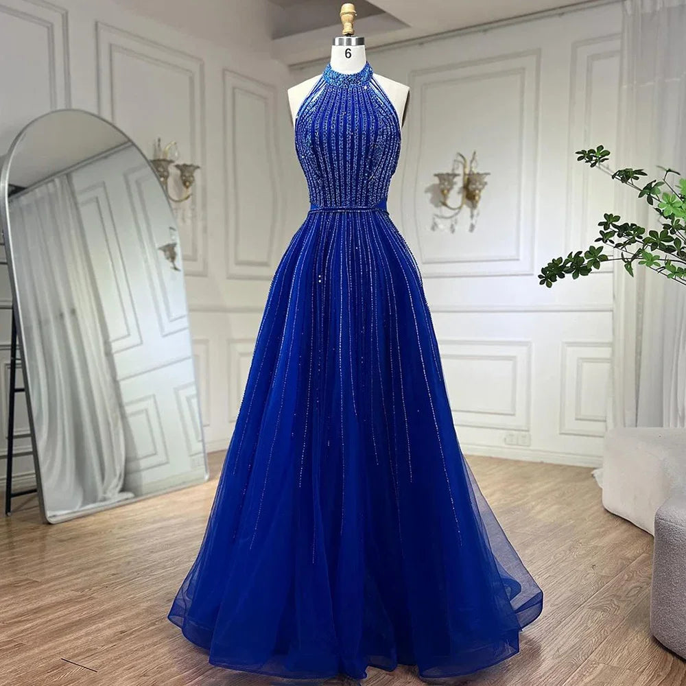 Luxury Arabic Blue Sequin Tassel Halter A Line Evening Dress LA72227