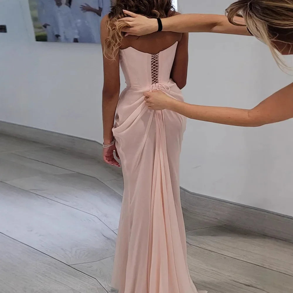 Luxury Pink Handmade Chiffon Mermaid Evening Gown LA72946