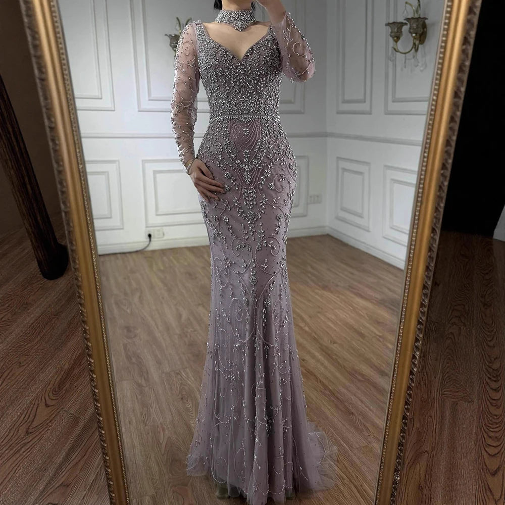 Luxury Caramel Beaded Crystal Mermaid Evening Dress Long Sleeves LA73042B