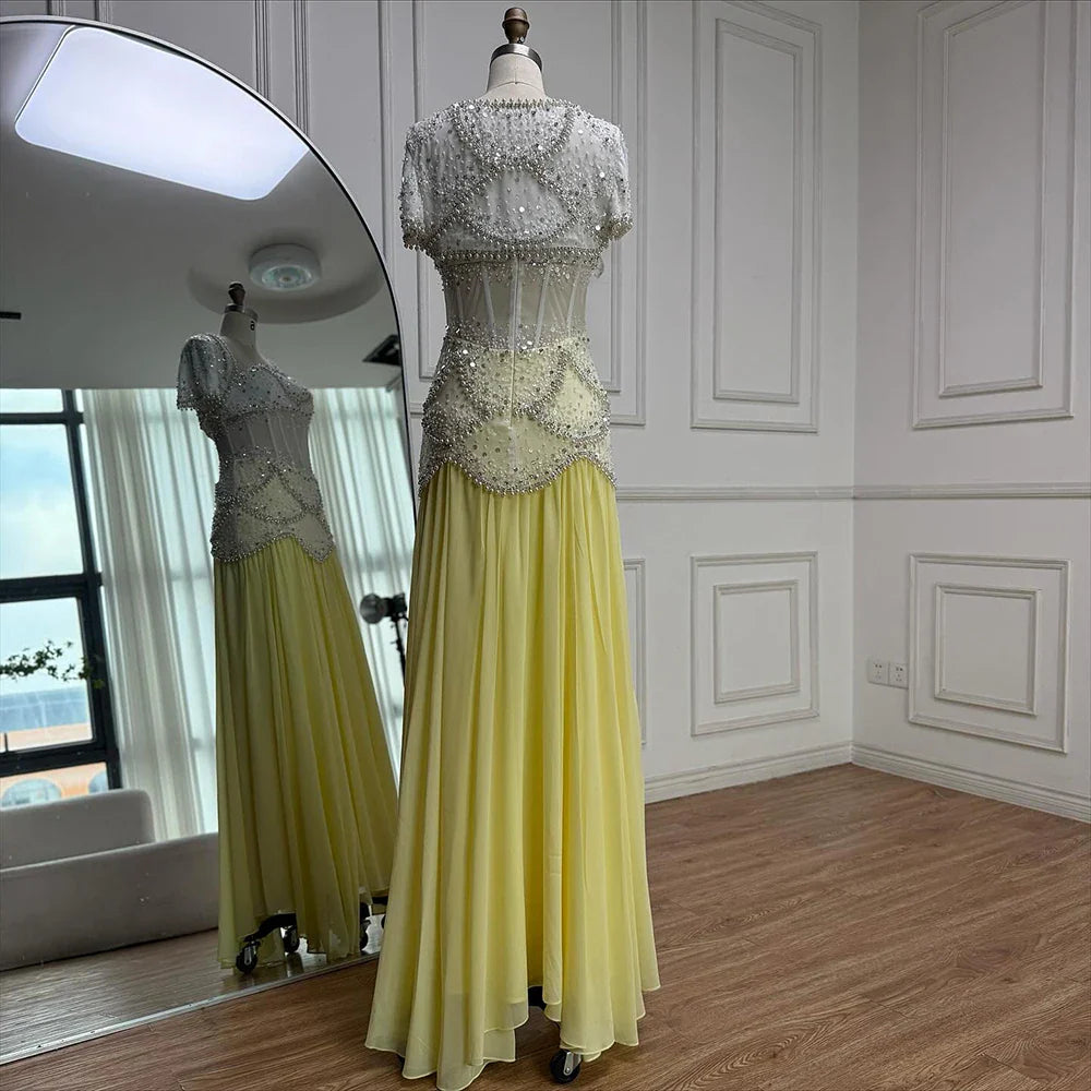 Luxury Yellow Pearls A-Line Evening Dress with Flowing Coat LA72978