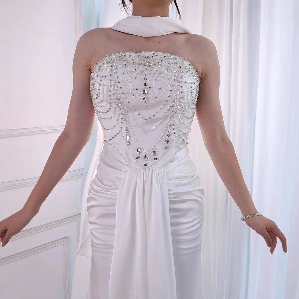 White Strapless Beaded Evening Dress with Gloves LA73086