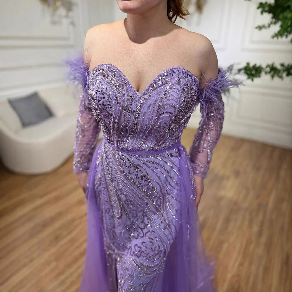 Luxury Arabic Nude Mermaid High Split Feather Beaded Evening Dress LA71910