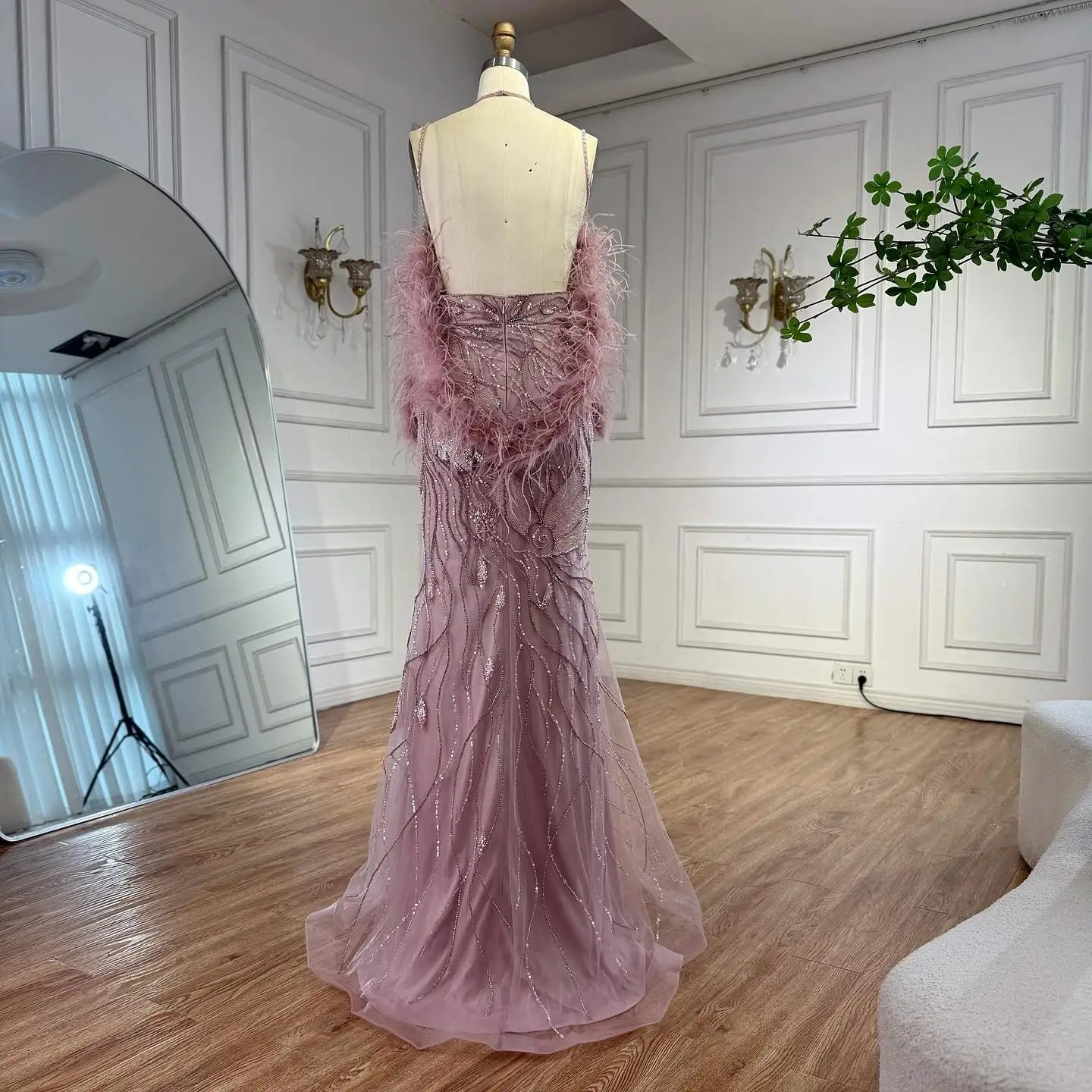 Luxury Pink Beaded Mermaid Evening Dress with Spaghetti Straps LA72492