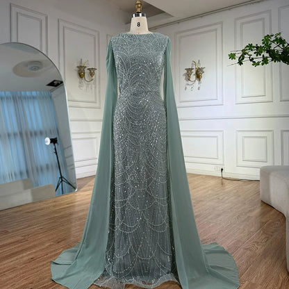 Luxury Blue Mermaid Evening Dress with Cape Sleeves Beaded Gown LA72160A