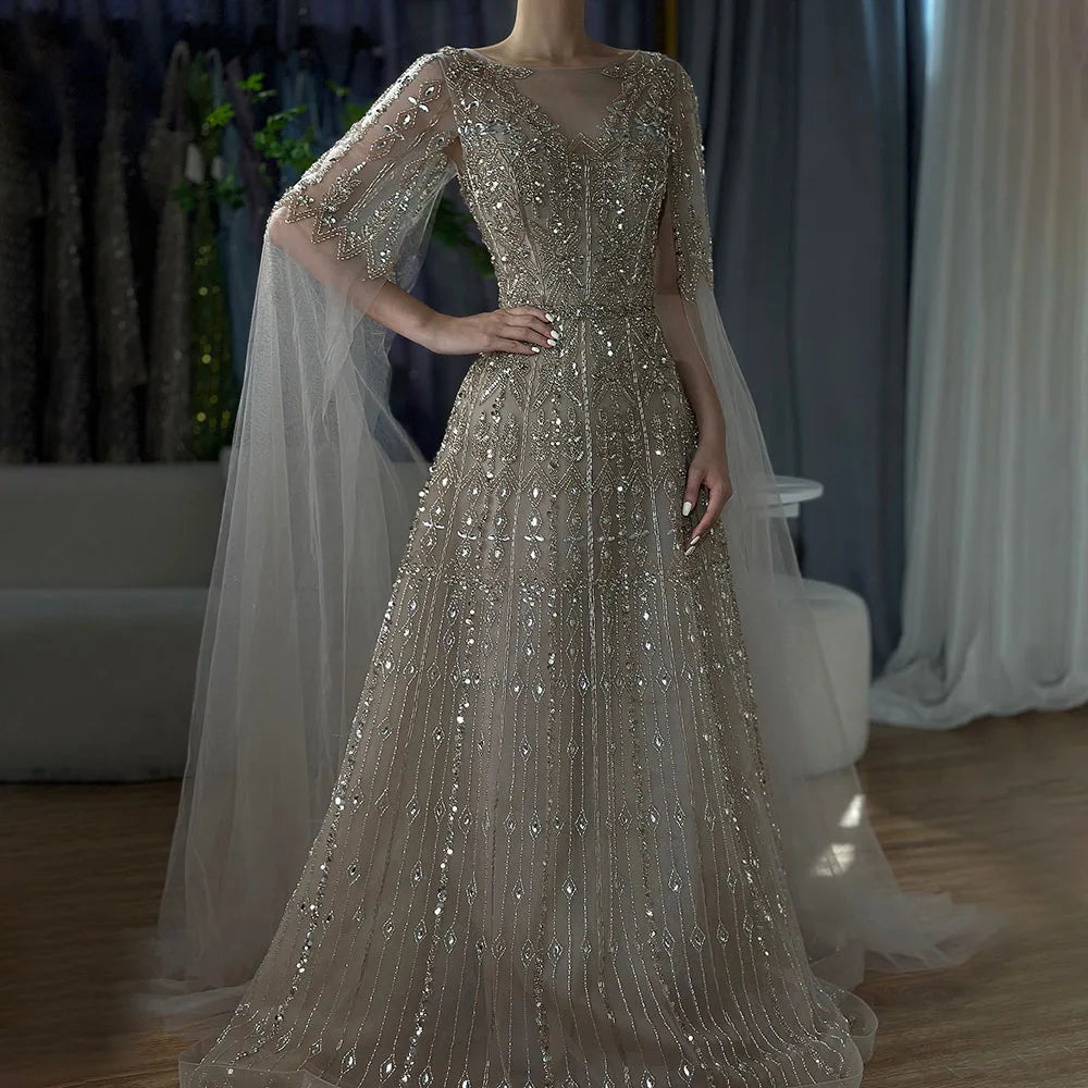 Luxury Blue A-Line Evening Dress with Beaded Cape Sleeves LA72666