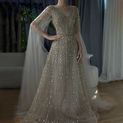 Luxury Blue A-Line Evening Dress with Beaded Cape Sleeves LA72666