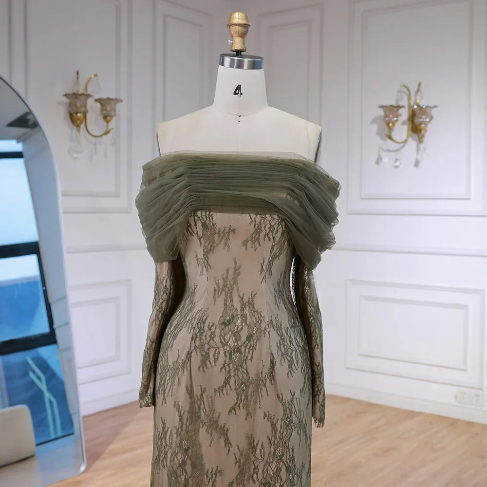 Elegant Olive Green Evening Dress with Lace Sleeves LA72942