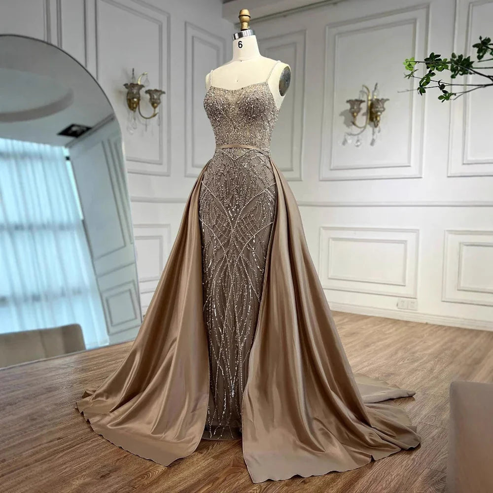 Luxury Caramel Beaded Evening Dress with Detachable Overskirt LA72733A
