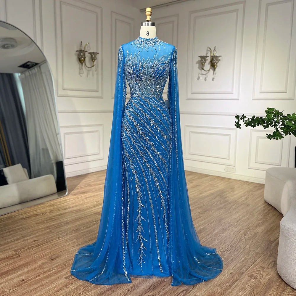 Luxury Black Nude Mermaid Evening Dresses with Cape Sleeves LA71885A
