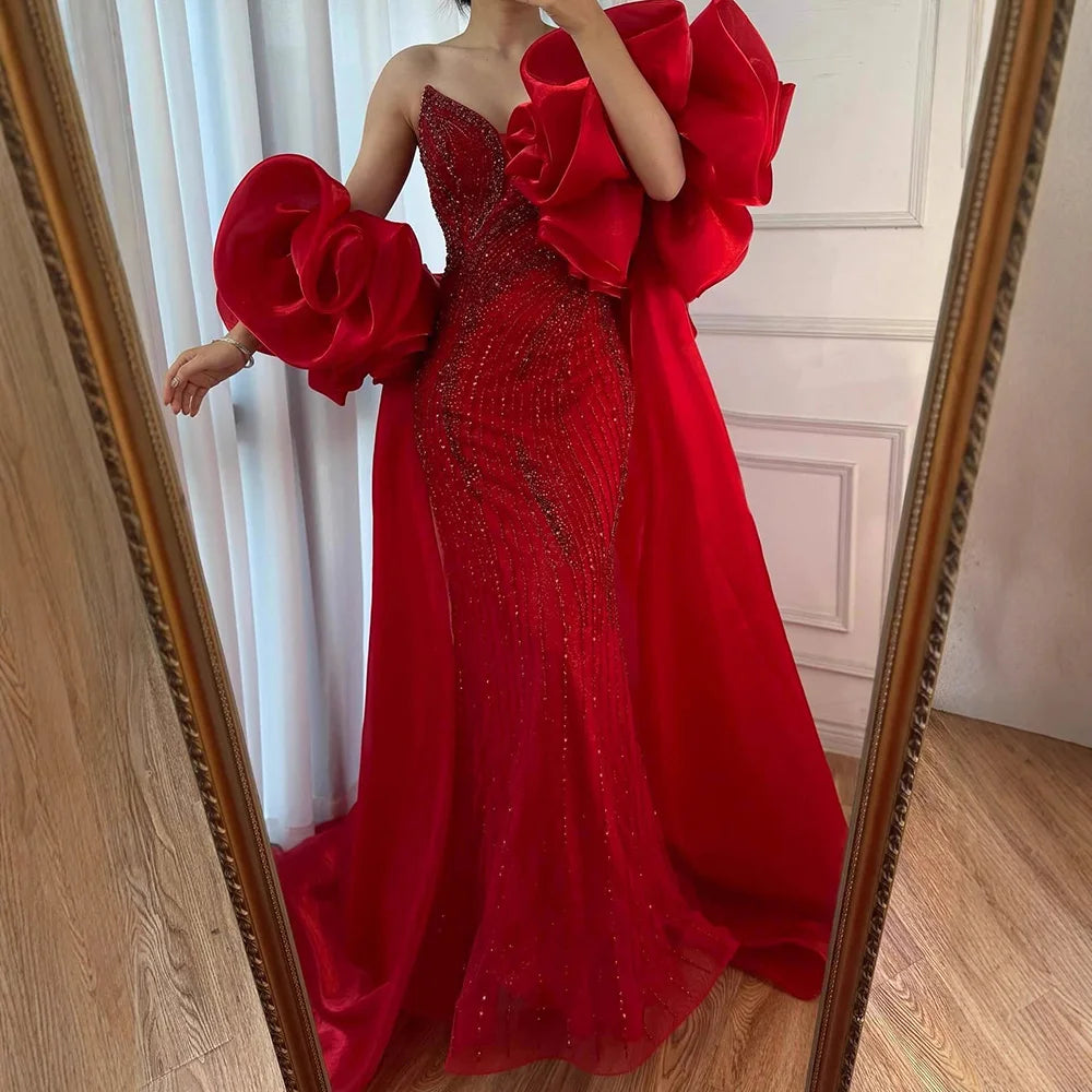 Luxury Red Strapless Mermaid Evening Dress with Cape LA72896