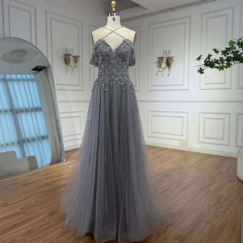 Luxury Arabic Caramel Off Shoulder Beaded A Line Evening Dress LA71606
