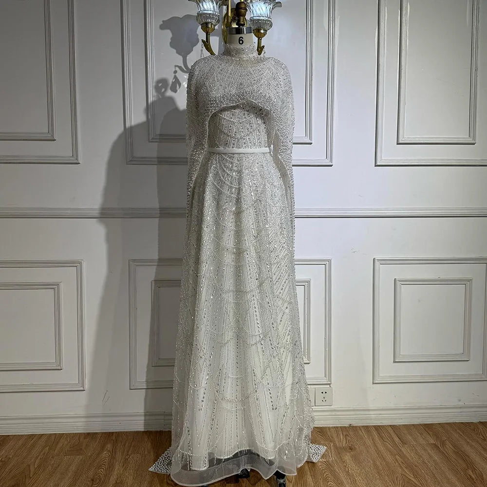 Luxury Modest Sage Green Evening Dress with Pearls LA72032B