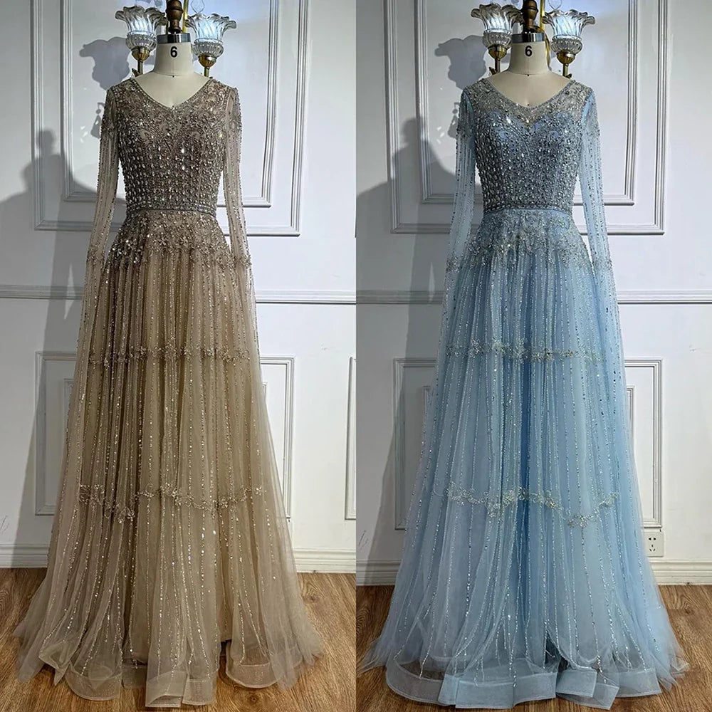 Elegant Caramel A-Line Beaded Evening Dress with Cape Sleeves LA73075