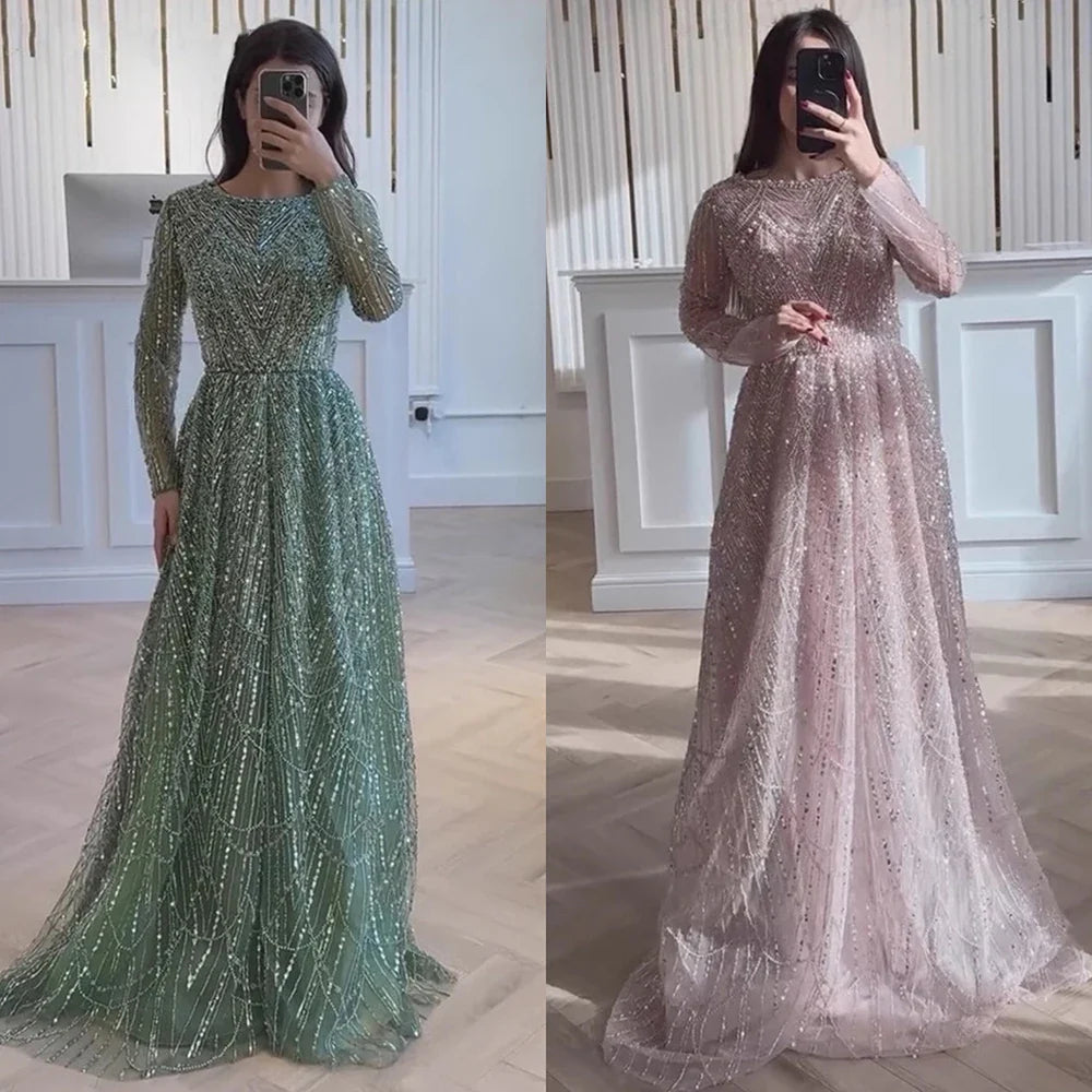 Luxury Olive Green Beaded A-Line Evening Dress Long Sleeves LA72738B