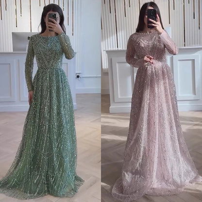 Luxury Olive Green Beaded A-Line Modest Evening Dress Plus Size LA72738B