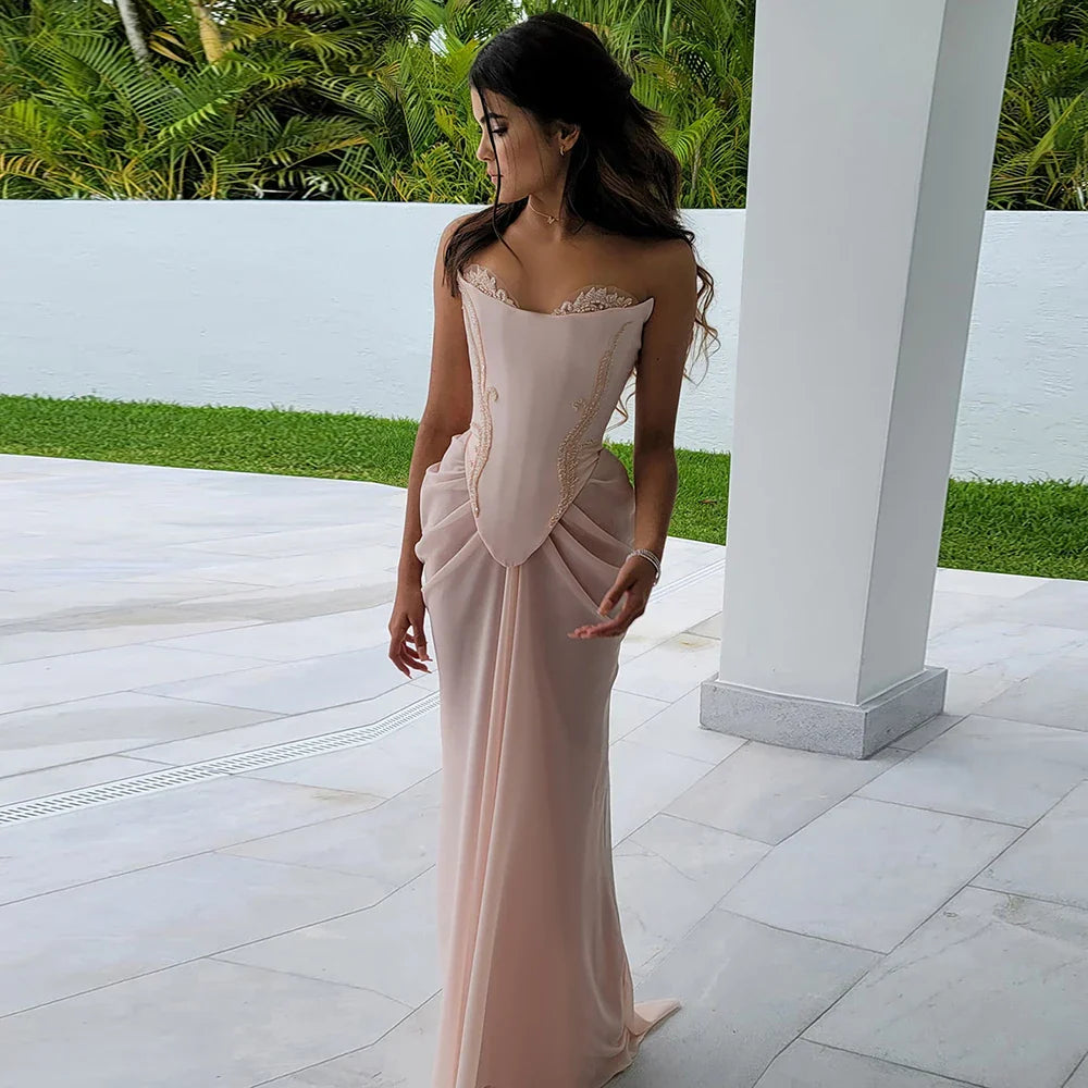 Luxury Pink Handmade Chiffon Mermaid Evening Gown LA72946