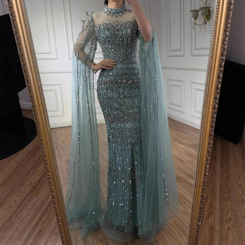 Luxury Nude Beaded Evening Dress with Long Cape Sleeves LA72714A