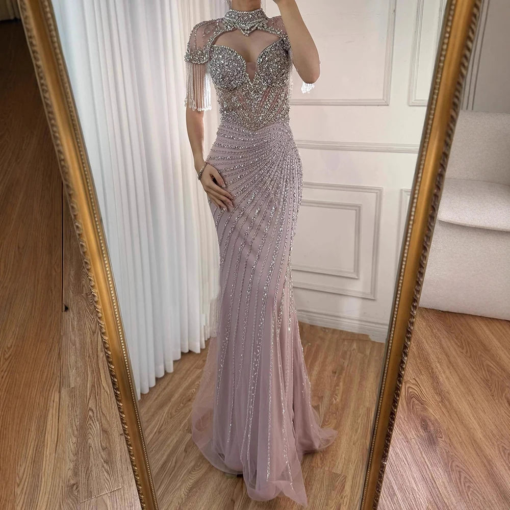 Luxury Pink Beaded Tassel Mermaid Evening Dress Long Gown LA73184