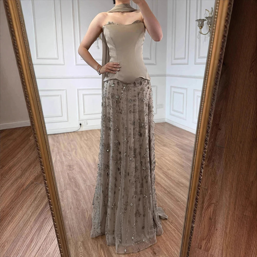 Luxury Sage Green and Pink Arabic Strapless Beaded Evening Dress LA72805D