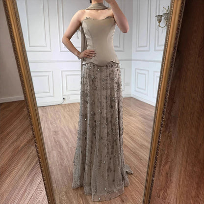 Luxury Sage Green and Pink Arabic   Beaded Evening Dress LA72805D