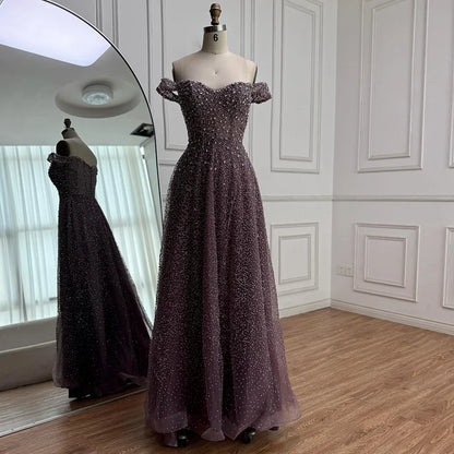 Caramel Off Shoulder A-Line Arabic Evening Dress LA72147B