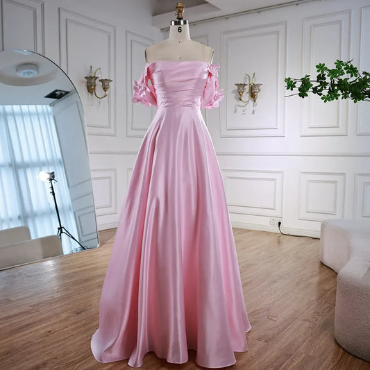 Luxury Pink Satin A Line Off Shoulder Arabic Evening Dress LA73036