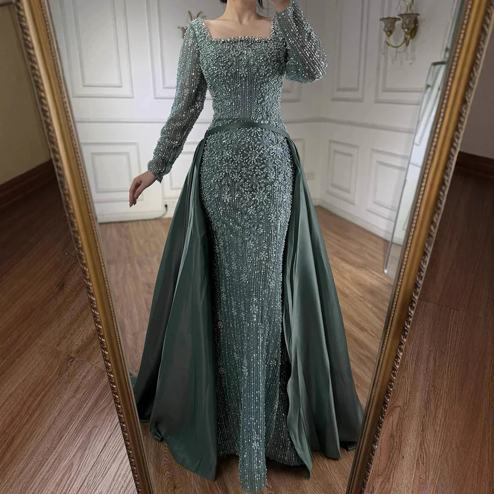 Luxury Arabic Turquoise Mermaid Beaded Evening Gown with Overskirt LA72533A