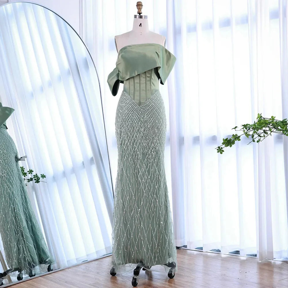 Sage Green Off Shoulder Tassel Beaded Mermaid Evening Dress LA73037