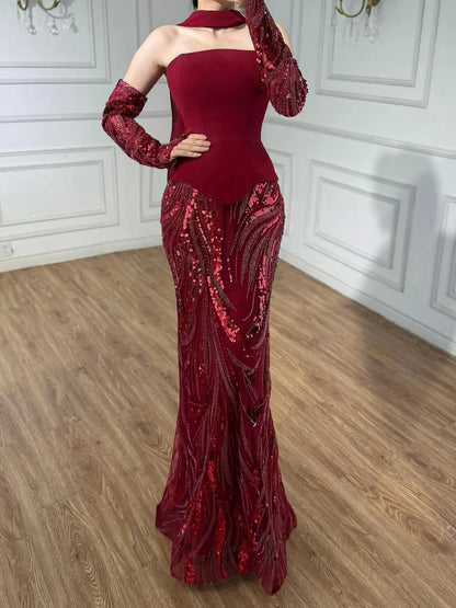 Luxury Wine Red Mermaid Evening Dress With Gloves LA73050E