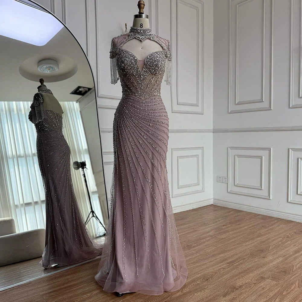 Luxury Pink Beaded Tassel Mermaid Evening Dress Long Gown LA73184