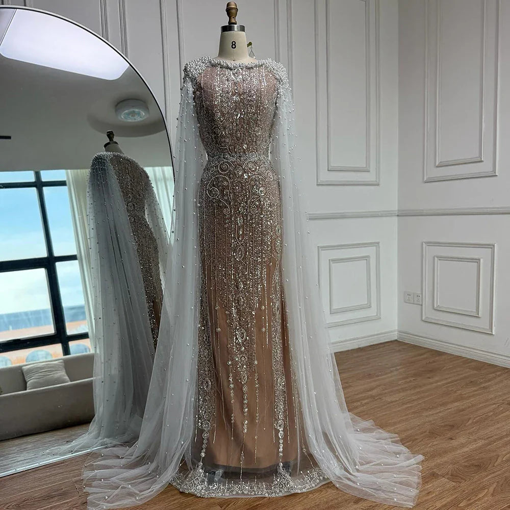 Luxury White Nude Mermaid Pearls Beaded Evening Dress with Cape Sleeves LA72444