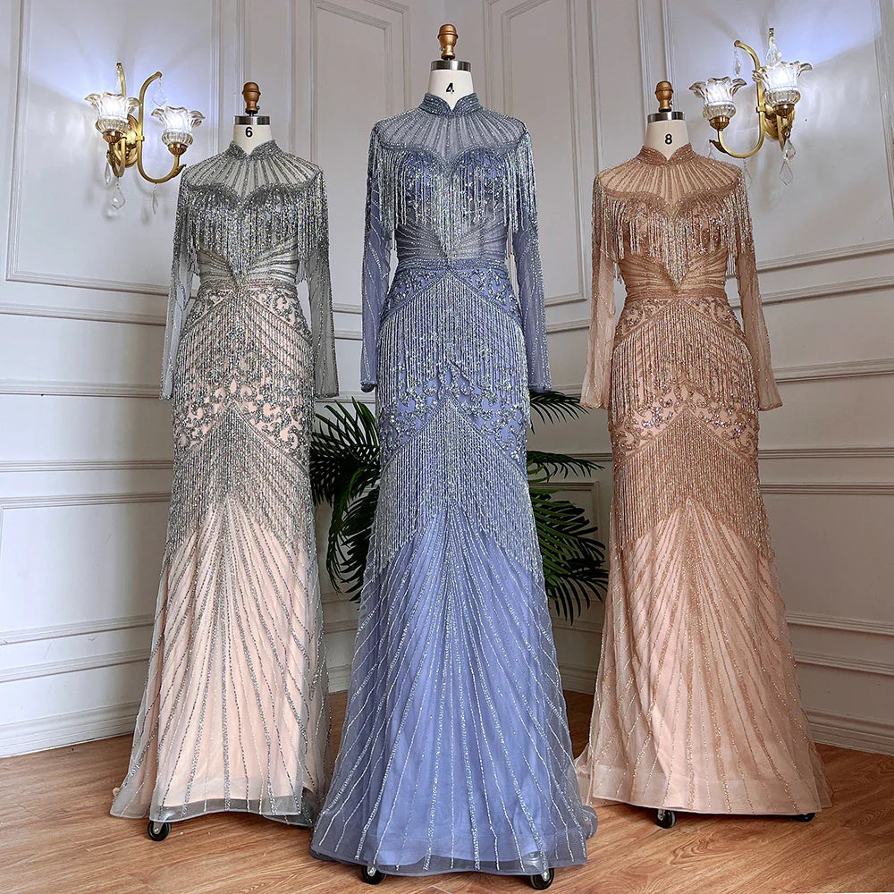 Luxury Blue Beaded Tassel Mermaid Evening Dress Dubai Style LA71986