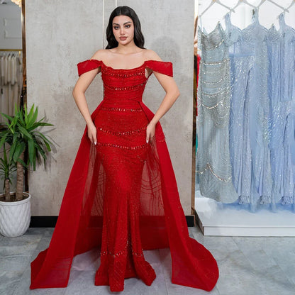 Luxury Pink Mermaid Beaded Evening Gown with Detachable Satin Overskirt LA72781