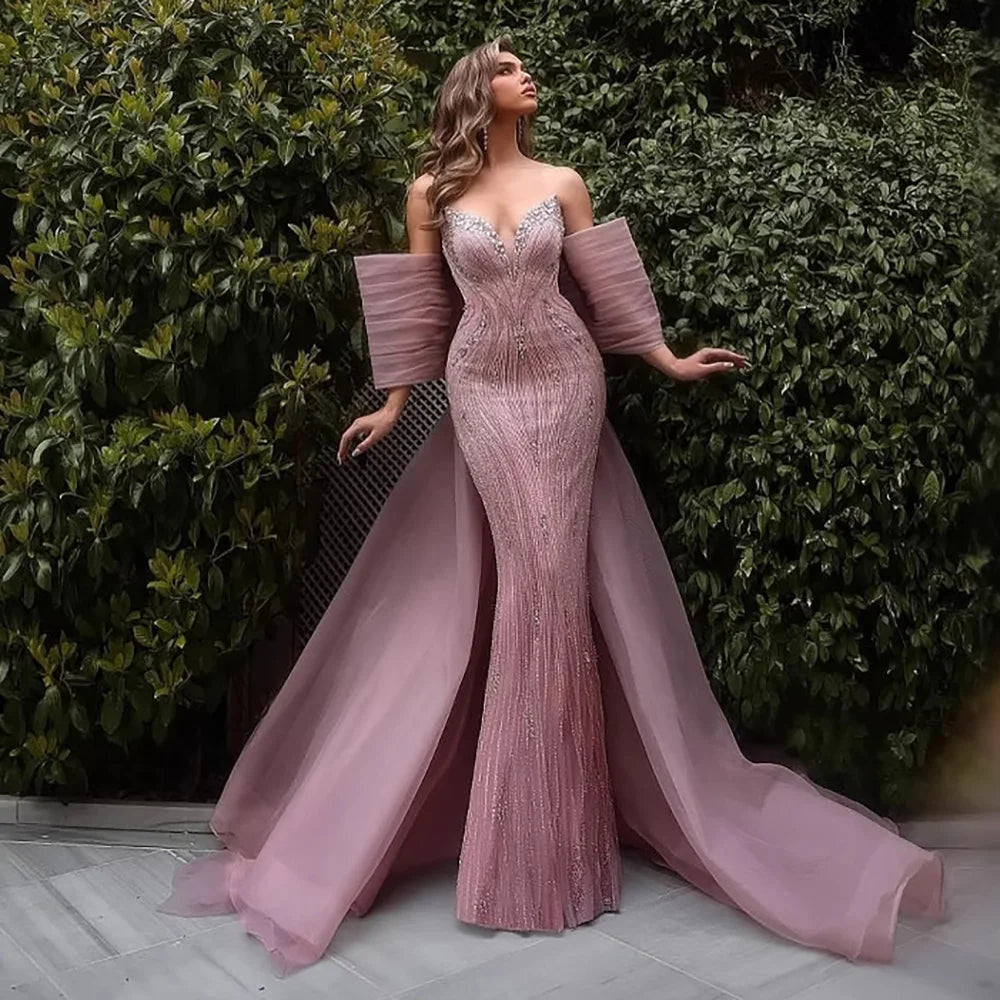 Luxury Designer Pink Mermaid Evening Dress with Big Bow LA73061
