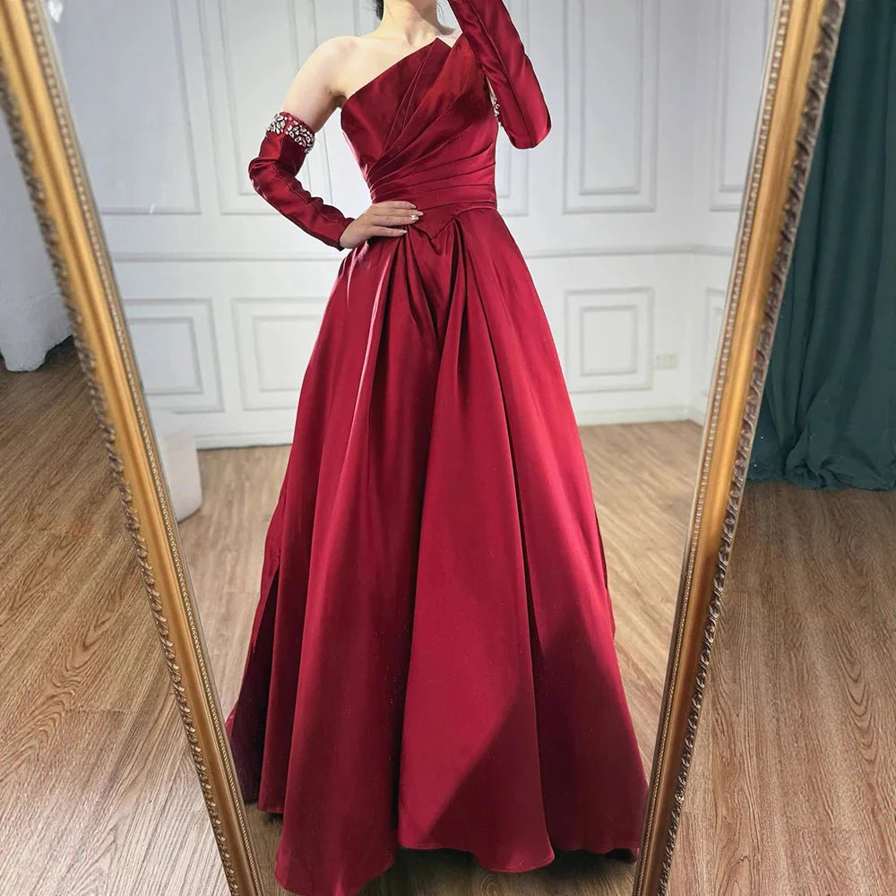 Luxury Black Satin One Shoulder Beaded A-Line Evening Dress LA72741