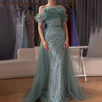 Luxury Dubai Saudi Arabic Beaded Caramel Mermaid Elegant Evening Dresses Gowns with Overskirt LA71634A