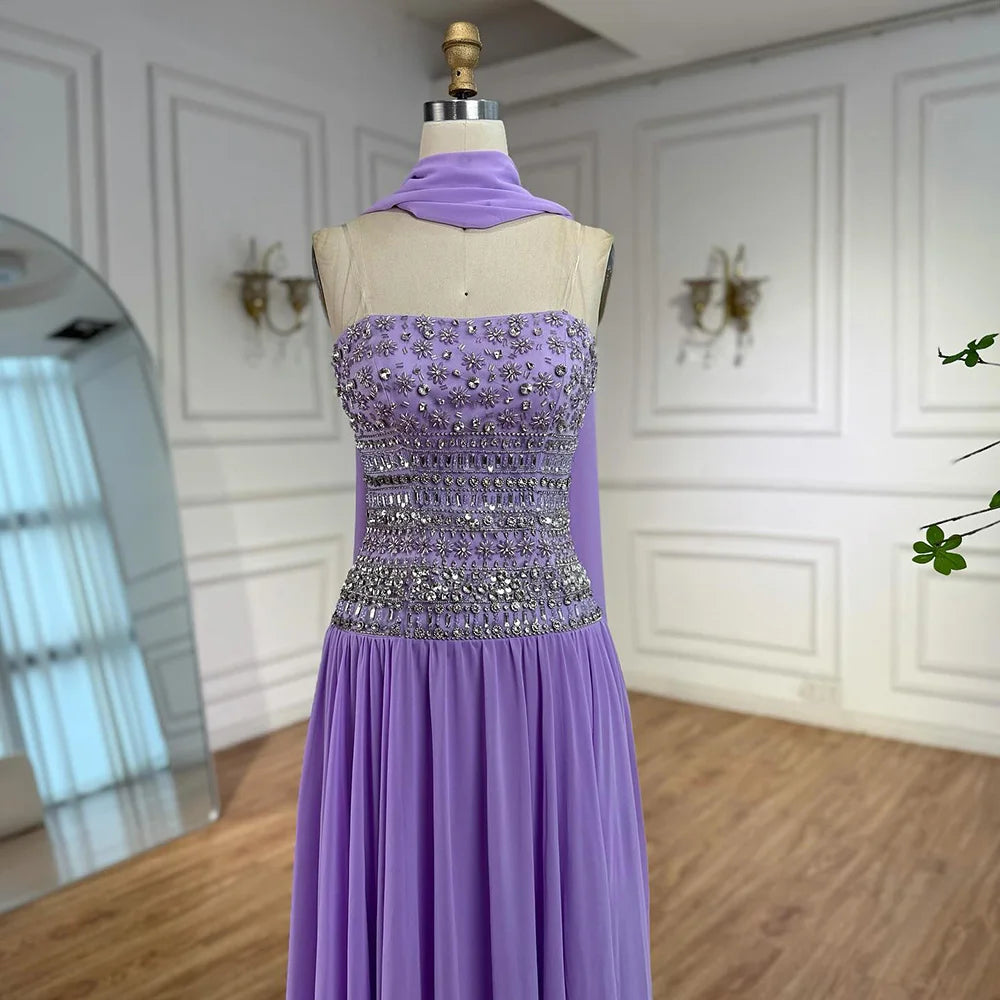 Lilac Strapless Beaded A Line Arabic Evening Dress LA73044