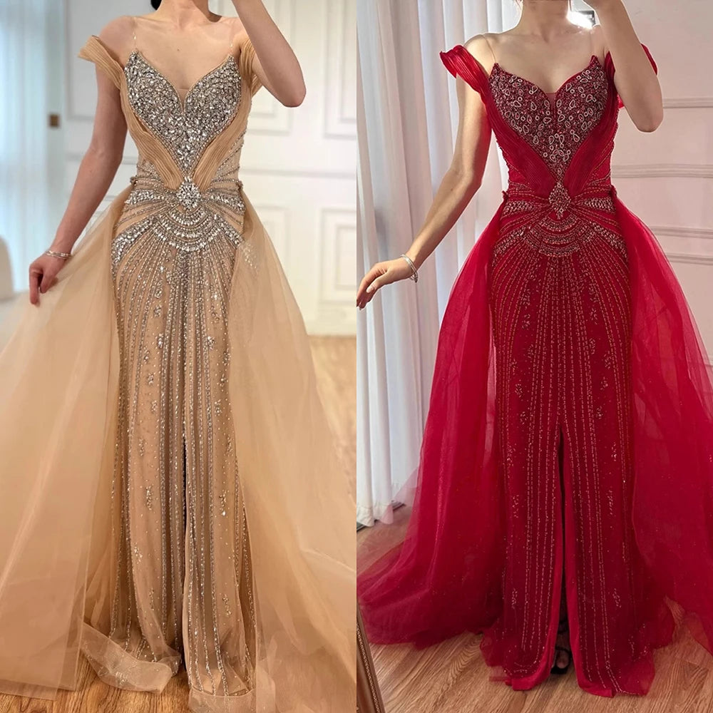 שמלת ערב יוקרתית בתולת ים עם חרוזים בגוון עירום, חצאית עליונה ושסע LA73034 