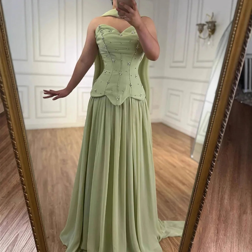 Elegant Sage Green Strapless A-Line Chiffon Evening Dress LA73073