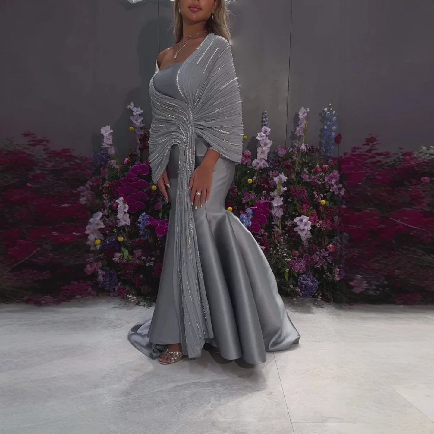 Luxury Dubai Grey Peach Arabic Evening Gown with Ruffles Shawl LA73270