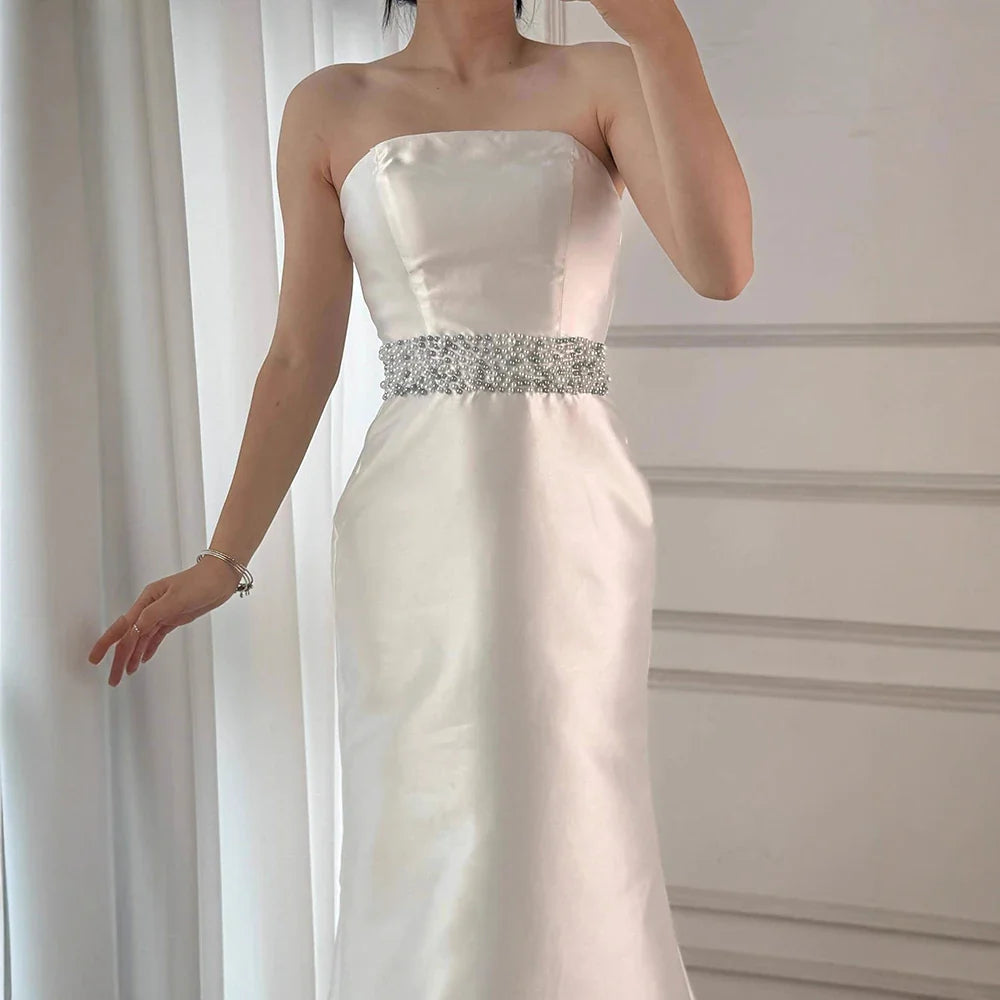 Luxury Dubai White Satin Mermaid Evening Dress with Long Cape LA72825