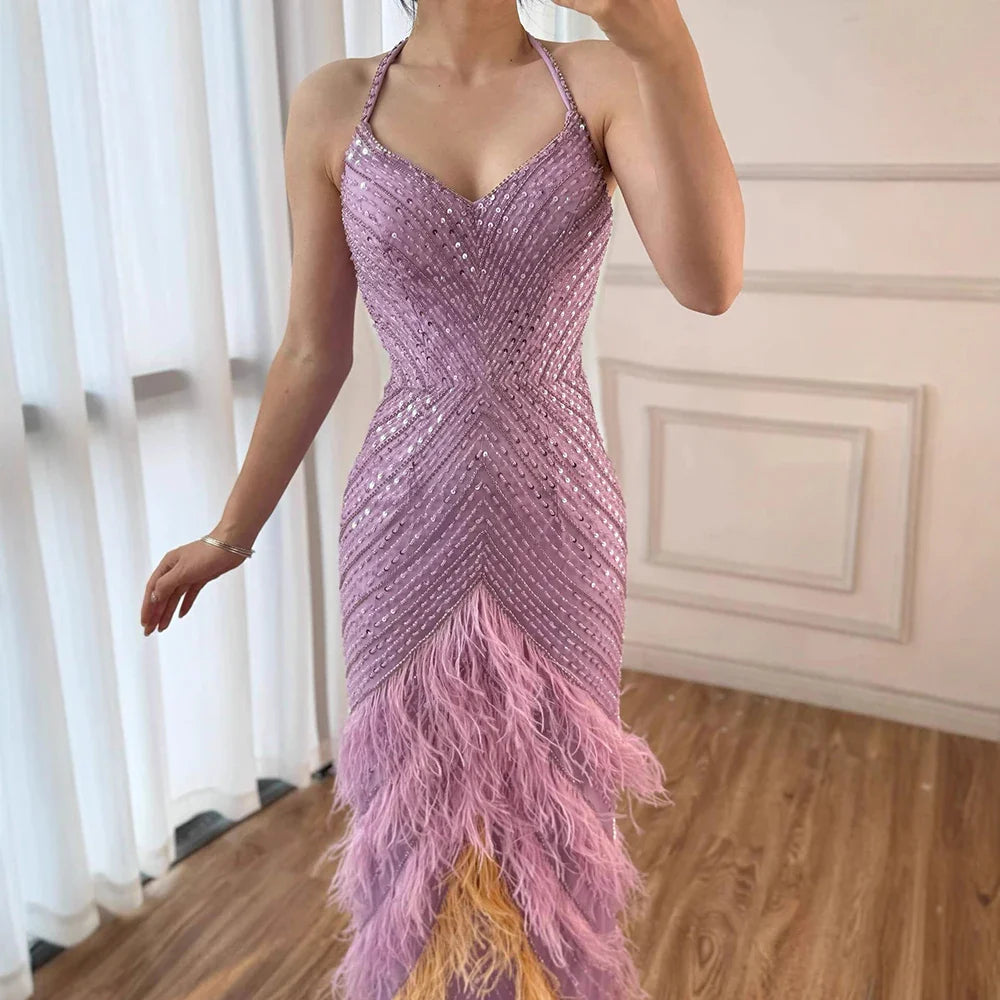 Lilac Feather Halter Mermaid Luxury Dubai Evening Dress LA72056
