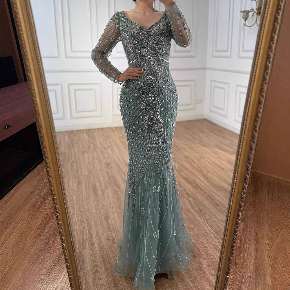 Luxury Nude Long Sleeve Beaded Mermaid Evening Dress LA73155