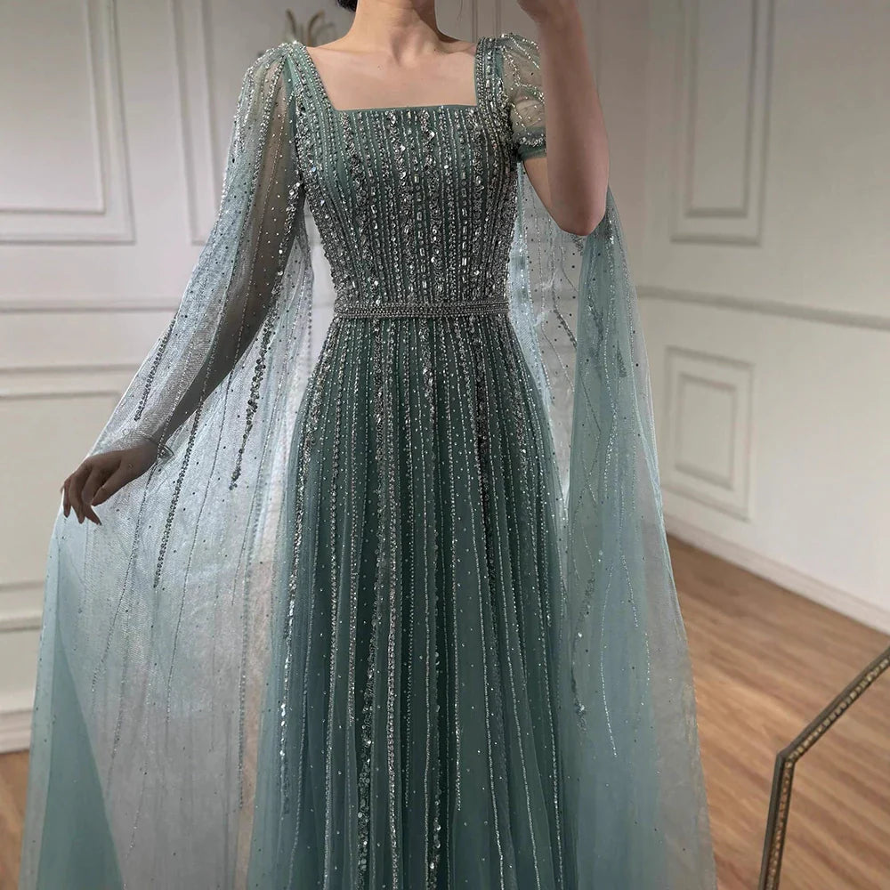 Luxury Dubai Square Neck Beaded Evening Gown with Cape LA73188