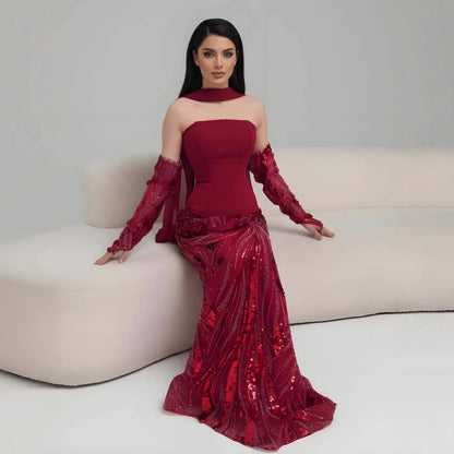 Luxury Wine Red Mermaid Evening Dress With Gloves LA73050E