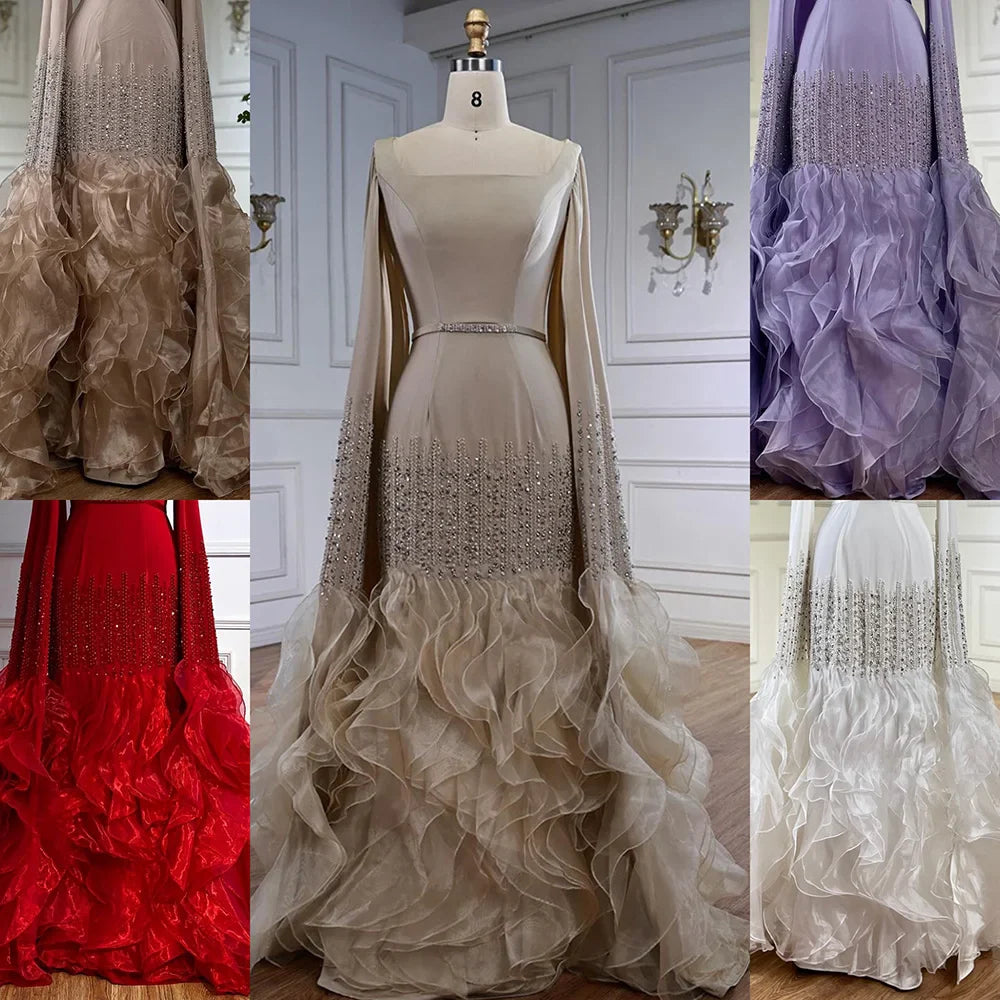 Elegant Nude Beaded Mermaid Evening Dress with Cape Sleeves LA72317C