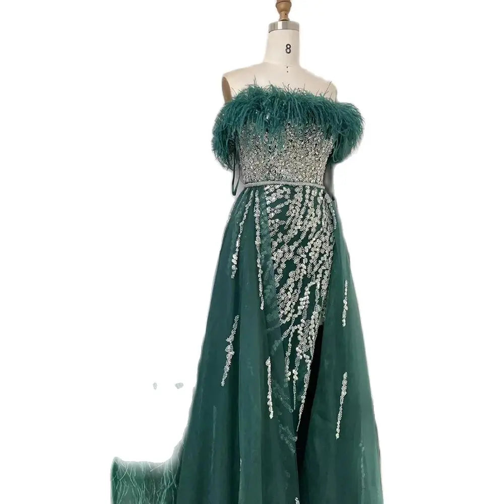 Luxury Blue Feather Beaded Mermaid Evening Dress with Overskirt LA72061